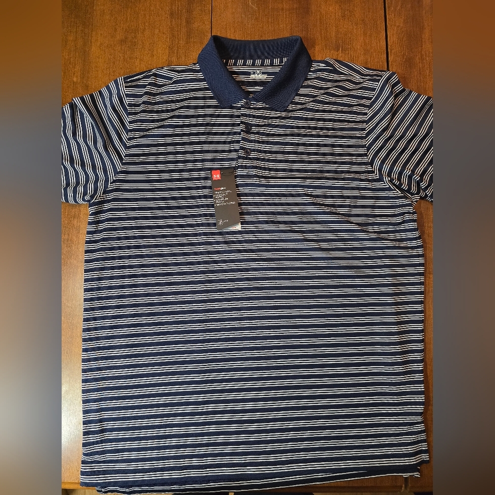 Under Armour Lightweight Men's Navy Striped Polo; Loose Fitted LARGE